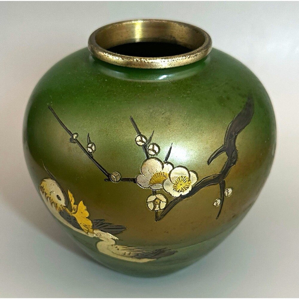 Vintage Japanese Mixed Metal Bronze Vase Mandarin Ducks Prunus Plum Blossoms